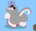  2017 anthro black_hair blue_background blush boxgoat breasts buckteeth butt female fur gerbil grey_body grey_fur hair mammal murid obese obese_anthro obese_female one_eye_closed overweight overweight_anthro overweight_female rodent shrinking simple_background size_transformation solo standing teeth transformation 
