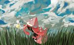  apios1 blue_eyes cloud cloudy_sky cutiefly day floating gen_7_pokemon grass highres legendary_pokemon looking_at_another no_humans outdoors pink_hair pokemon pokemon_(creature) profile sky tapu_lele wings 