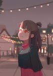  1girl absurdres blurry blurry_background bright_pupils brown_hair closed_mouth depth_of_field dress from_side glowing glowing_eyes grey_sky highres jewelry kagari_atsuko lan_mao_akko light_bulb little_witch_academia long_hair long_sleeves looking_up necklace outdoors pendant red_dress red_eyes short_over_long_sleeves short_sleeves smile solo standing string_of_light_bulbs topknot 