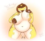  anthro big_breasts bodily_fluids breasts brown_lips chubby_female digital_media_(artwork) drxii female hair huge_breasts jewelry lactating lips nipples noffy non-mammal_breasts nude nushi piercing reptile scalie simple_background solo tail_jewelry tail_ring yellow_body 