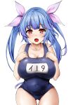  1girl absurdres ass_visible_through_thighs blue_hair blue_one-piece_swimsuit breasts covered_navel cowboy_shot fang highres i-19_(kancolle) kantai_collection large_breasts looking_at_viewer moyashi_mogura name_tag off_shoulder one-piece_swimsuit open_mouth red_eyes school_swimsuit simple_background solo star-shaped_pupils star_(symbol) swimsuit symbol-shaped_pupils twintails white_background 
