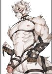anthro balls big_pecs big_penis bodily_fluids canid canine canis chung0_0 clothing dripping erection fingerless_gloves front_view genital_fluids genitals gloves hair handwear harness hi_res humanoid_genitalia humanoid_penis male mammal mihoyo muscular muscular_anthro muscular_male pecs penis precum precum_drip red_eyes simple_background solo standing vein veiny_penis von_lycaon white_hair wolf zenless_zone_zero