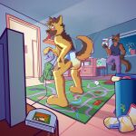 ageplay anthro balled_up_diaper blush blush_lines bottomwear brown_body brown_fur canid canine canis changing_table clothed clothing diaper diaper_bulge diaper_only diaper_package diaper_pail diaper_use domestic_dog donkey_kong_64 duo electronics embarrassed fur hi_res infantilism leaning_on_wall looking_back male mammal mat multicolored_body multicolored_fur nintendo nintendo_64 nursery orange_body orange_fur pants plushie pull-ups_(diaper) raised_tail red_body red_fur retro_bait roleplay shirt smug_grin soiled_diaper standing tail television topless topwear two_tone_body two_tone_fur unclean_diaper used_diaper wearing_diaper window
