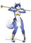  2018 4_toes 5_fingers anthro armor black_nose blue_body blue_fur blue_hair bra breasts canid canine cl4m0 claws clothing female fingers fox fur gem hair hi_res inner_ear_fluff jewelry krystal mammal navel necklace nintendo signature smile solo staff standing star_fox toe_claws toes tuft underwear video_games white_body white_fur white_inner_ear 