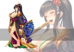  1girl bare_legs black_hair breasts detached_sleeves fan flower geisha geta hair_flower hair_ornament hairpin huge_breasts japanese_clothes jewelry kimono long_hair luupechi obi off_shoulder original ponytail red_eyes sandals sash smile tiara 