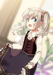  1girl :d black_skirt blue_eyes blurry blurry_background bow brooch collared_shirt corset depth_of_field flower from_side green_ribbon grey_hair hair_bow hair_flower hair_ornament hair_ribbon hota jewelry latina_(uchi_no_musume_no_tame_naraba) long_skirt long_sleeves looking_at_viewer looking_to_the_side open_mouth pink_bow plant potted_plant ribbed_shirt ribbon shirt skirt skirt_hold smile solo twintails uchi_no_musume_no_tame_naraba_ore_wa_moshikashitara_maou_mo_taoseru_kamo_shirenai. white_shirt window wing_collar 