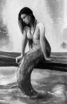  arm_support black_and_grey black_and_white dark_hair female fish_tail flukes greyscale hair humanoid jewelry lo0bo0 long_hair looking_down marine merfolk mermaid_tail monochrome navel necklace nipples scales sitting solo water waterfall wet wet_hair 