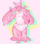  big_breasts breasts chinigan clothed clothing collarbone female goo_creature goo_humanoid hi_res humanoid nipples not_furry one-piece_swimsuit one_breast_out pink_body pink_eyes puddle simple_background slime smile smug solo swimwear tentacles thick_thighs wardrobe_malfunction 