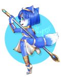  2020 accessory anthro armor blue_body blue_fur blue_hair blush canid canine chibi cl4m0 claws eyebrows eyelashes female fox fur green_eyes hair head_tuft headband krystal mammal markings nintendo short_hair signature smile solo staff star_fox toe_claws tuft video_games white_body white_fur white_markings 