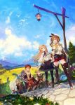  3boys 3girls atelier_(series) atelier_ryza bag belt benitama bird blonde_hair blue_eyes book boots bow bowtie braid breasts bridal_legwear brown_hair bush cleavage cloud cobblestone cropped_jacket empel_vollmer field flask flower full_body fur_trim gloves green_eyes grey_hair hair_between_eyes hair_ornament hairband hairclip hat highres hood hooded_vest hoodie jacket jewelry klaudia_valentz lamp lamppost leather leather_belt leather_gloves lent_marslink lila_decyrus long_hair monocle mountain mountainous_horizon multiple_boys multiple_girls navel necklace open_mouth outdoors pavement puni_(atelier) red_hair red_shorts reisalin_stout road round-bottom_flask round_eyewear scenery short_shorts shorts shoulder_bag single_glove skirt sky sleeveless sleeveless_jacket smile star_(symbol) star_necklace sword tao_mongarten thighhighs thighhighs_under_boots thighs toe_ring toeless_boots tree vest walking weapon white_headwear yellow_eyes yellow_jacket 