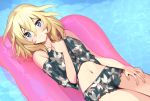  1girl bangs bikini_shorts black_shirt black_shorts blush closed_mouth commentary eyebrows_visible_through_hair floral_print girls_und_panzer hand_on_own_chest light_frown looking_at_viewer lying navel off-shoulder_shirt off_shoulder on_back oshida_(girls_und_panzer) pool print_shirt print_shorts shirt shorts solo tan3charge 
