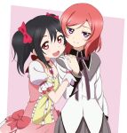  2girls akemi_homura akemi_homura_(cosplay) black_hair bow choker cosplay dress gloves hair_bow kaname_madoka kaname_madoka_(cosplay) looking_at_viewer love_live! love_live!_school_idol_project magical_girl mahou_shoujo_madoka_magica missladysheep multiple_girls nishikino_maki open_mouth pink_dress purple_eyes red_bow red_choker red_eyes red_hair short_hair smile twintails yazawa_nico 
