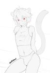  2020 anthro bulge clothing dipstick_ears dipstick_tail emule_(artist) english_text fangs felid girly hair hi_res inner_ear_fluff kemono looking_at_viewer male mammal monochrome multicolored_ears multicolored_tail navel pantherine raised_tail red_eyes sketch smiling_at_viewer solo text tiger tight_clothing tuft 