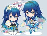  alternate_costume ameno_(a_meno0) animal_ears blush breasts bunny_ears bunny_tail butterfly_wings chibi cleavage easter egg fingerless_gloves fire_emblem fire_emblem_awakening fire_emblem_heroes gloves hair_between_eyes high_heels kneeling long_hair looking_at_viewer lucina_(fire_emblem) playboy_bunny simple_background smile symbol-shaped_pupils tail thighhighs wings 