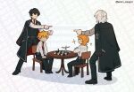  2boys 2girls belt black_belt black_coat black_footwear black_hair black_pants blonde_hair board_game chess chess_piece chessboard closed_eyes closed_mouth coat coat_on_shoulders collared_shirt don_quixote_(project_moon) faust_(project_moon) grey_sweater highres index_finger_raised lemon_mango1 limbus_company long_sleeves multiple_boys multiple_girls pants pawn_(chess) pointing pointing_at_another project_moon ribbed_sweater shirt shoes sinclair_(project_moon) smile source_request sweat sweatdrop sweater third-party_source twitter_username white_shirt yi_sang_(project_moon) you&#039;re_doing_it_wrong 