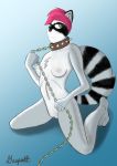  absurd_res anthro breasts chain collar female fur genitals gespielt grey_body grey_fur hair hi_res leash looking_at_viewer mammal nipples nude pink_hair procyonid pussy raccoon simple_background small_breasts smile solo white_body white_fur 