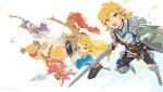  3boys armor blanco026 blonde_hair bow_(weapon) dark_skin dark_skinned_female daruk gerudo goron hyrule_warriors:_age_of_calamity link long_hair mipha multiple_boys open_mouth pointy_ears polearm ponytail princess_zelda red_hair revali rito sheikah_slate shield soldier_link sword the_legend_of_zelda the_legend_of_zelda:_breath_of_the_wild trident urbosa weapon zora 