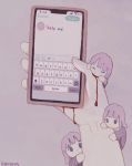  3girls bangs biting black_eyes blood english_text hands highres kapura keyboard_(computer) long_hair long_sleeves multiple_girls no_nose original phone purple_background purple_hair signature simple_background 