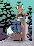  absurd_res anthro big_tail bottomwear breasts canid canine clothing copymirror denim denim_clothing eyes_closed female fluffy fox fur hi_res invalid_tag jeans mammal orange_body orange_fur pants paws solo tongue tongue_out tree 