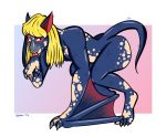  2019 adstn anthro blonde_hair blue_body blue_scales capcom female flying_wyvern hair licking looking_back membrane_(anatomy) membranous_wings monster_hunter nargacuga nude scales scalie simple_background solo tongue tongue_out transformation video_games wings 