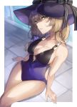  1girl absurdres bangs bare_shoulders blue_swimsuit breasts cleavage collarbone genshin_impact gold_trim green_eyes hat hat_belt highres kanniiepan large_breasts light_brown_hair lisa_(genshin_impact) long_hair looking_at_viewer one-piece_swimsuit purple_headwear sitting solo swimsuit thighs witch_hat 