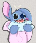  4_fingers alien black_eyes blue_body blue_fur blue_nose blush clothing disney experiment_(lilo_and_stitch) eyebrows fingers fluffcynical fur holding_object lilo_and_stitch male_(lore) one_ear_up open_mouth open_smile pajamas pink_inner_ear semi-anthro sharp_teeth smile solo stitch_(lilo_and_stitch) teeth 