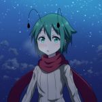  1girl :o alternate_costume antennae bangs beige_sweater breath cato_(monocatienus) commentary_request eyebrows_visible_through_hair green_eyes green_hair hair_between_eyes long_sleeves looking_at_viewer night outdoors red_scarf ribbed_sweater scarf short_hair snowing solo sweater touhou upper_body wriggle_nightbug 