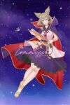  aroevela belt brown_eyes brown_hair cape earmuffs floating gold gold_footwear highres looking_at_viewer neck_ribbon pointy_hair purple_cape purple_ribbon ribbon ritual_baton sailor_collar shirt short_hair sleeveless sleeveless_shirt smile sukusuku_hakutaku touhou toyosatomimi_no_miko 