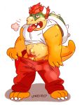  3_toes 4_fingers anthro baggy_clothing barely_visible_genitalia barely_visible_penis bowser breath claws clothed clothing eyebrows fingers genitals hair hairy hi_res koopa loneliestbara loose_pants male mario_bros navel nintendo no_underwear one_eye_closed open_maw open_mouth penis pubes pubes_exposed red_eyes red_hair reptile scalie shell solo spiked_shell spikes spikes_(anatomy) sweatpants teeth teeth_showing teeth_visible thick_eyebrows toes tongue tongue_out video_games white_t-shirt yellow_body 