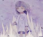  1girl bangs feet_out_of_frame fire grey_eyes heart heart-shaped_pupils highres hole_in_chest kapura long_hair long_sleeves looking_at_viewer original parted_lips purple_hair purple_shirt purple_theme shirt signature solo symbol-shaped_pupils white_fire 