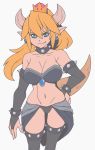  2019 absurd_res abysswatchers alternate_species armwear blonde_hair blue_eyes bowser bowsette_meme breasts clothing crossgender crown ear_piercing ear_ring female hair hi_res horn horned_humanoid humanoid humanoid_pointy_ears humanoidized legwear long_hair mario_bros meme navel nintendo not_furry piercing simple_background solo super_crown video_games 