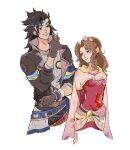  1boy 1girl absurdres aerith_gainsborough aerith_gainsborough_(terra&#039;s_garb) arms_behind_back black_gloves black_hair black_jacket breasts brown_hair cape cleavage closed_mouth cloud_strife cloud_strife_(cosplay) cloud_strife_(locke&#039;s_outfit) coin cosplay cropped_legs detached_sleeves dress earrings eiriseth final_fantasy final_fantasy_vi final_fantasy_vii final_fantasy_vii_ever_crisis gloves grin hair_ornament hair_ribbon headscarf highres holding holding_coin jacket jewelry locke_cole locke_cole_(cosplay) looking_at_another medium_breasts multiple_necklaces parted_bangs ponytail print_shirt red_dress red_sleeves ribbon sash shirt sidelocks smile strapless strapless_dress teeth terra_branford terra_branford_(cosplay) tube_dress waist_sash white_background yellow_cape zack_fair 