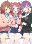  3girls :t ahoge arm_hug bare_legs blazer blue_overskirt blue_skirt blush braid brown_cardigan brown_hair brown_jacket butterfly_hair_ornament cardigan commentary_request cropped_jacket feet_out_of_frame gakuen_idolmaster girl_sandwich gokugetsu_academy_school_uniform hair_ornament hanami_saki hanami_ume hatsuboshi_gakuen_school_uniform highres idolmaster invisible_chair jacket jealous kaya_rinha locked_arms long_hair looking_at_another multiple_girls purple_hair sandwiched school_uniform siblings simple_background sisters sitting skirt smile ura_(hamburg_oniku) white_background yuri 