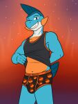 3:4 anthro black_briefs black_clothing black_shirt black_tank_top black_topwear black_underwear briefs bulge clothing fuze gao_(fuze) generation_3_pokemon hi_res male marshtomp nintendo pokemon pokemon_(species) shirt smile smirk solo tank_top topwear underwear