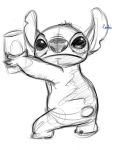  2020 4_fingers alien black_and_white claws disney experiment_(lilo_and_stitch) fingers hi_res holding_object lilo_and_stitch male male_(lore) monochrome notched_ear sketch small_tail solo standing stitch_(lilo_and_stitch) zerisillustrate 