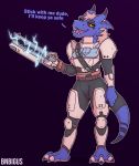  anthro armor bandolier belt bnbigus claws dialogue electricity english_text female hair hi_res scalie solo teeth text weapon yellow_eyes 