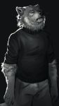  absurd_res anthro black_clothing black_nose black_topwear bottomwear canid canine canis clothed clothing fluffy fur grey_body grey_bottomwear grey_clothing grey_fur hi_res male mammal monochrome neck_tuft rolled_up_sleeves sepulte shedding simple_background solo standing topwear tuft turtleneck wolf 