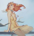  1girl blue_choker blue_eyes breasts choker day dress highres long_hair looking_away neon_genesis_evangelion no_bra orange_hair short_dress sitting small_breasts solo souryuu_asuka_langley spaghetti_strap strap_slip sundress wardrobe_malfunction wind wind_lift xia_yu yellow_dress 