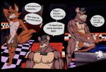 abdominal_bulge angry anthro asphyxiation balls bear bodily_fluids canid canine clothing comic duo english_text five_nights_at_freddy&#039;s fox foxy_(fnaf) freddy_(fnaf) genitals hat headgear headwear insulting_partner male male/male mammal nazuranoke nipples overweight penis profanity scottgames size_difference speech_bubble sweat text vein veiny_penis watermark yellow_eyes