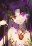  absurdres bangs bare_arms bare_shoulders black_hair black_ribbon breasts choker cleavage closed_mouth commentary_request dark_background dress earrings expressionless eyebrows eyebrows_visible_through_hair fate/grand_order fate_(series) gem gold_dress hair_over_shoulder hair_ribbon hand_in_hair head_tilt highres ishtar_(fate)_(all) ishtar_(fate/grand_order) jewelry kotatsu_kaya looking_at_viewer medium_breasts multicolored multicolored_background necklace red_eyes ribbon tohsaka_rin twintails 