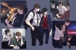  2boys bcbcmmmmm belt black_pants cropped_legs cup fate/grand_order fate_(series) green_necktie green_shirt gun gunshot_wound handgun hector_(fate) highres holding holding_cup holding_gun holding_jacket holding_unworn_clothes holding_weapon holster hood hood_up hooded_jacket injury jacket male_focus mandricardo_(fate) multiple_boys multiple_views necktie pants red_shirt shirt translation_request vehicle_interior weapon yellow_jacket 