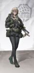  1girl absurdres ak-74m assault_rifle blonde_hair blue_eyes body_armor escape_from_tarkov expressionless g&amp;k-cmdr green_shoes grey_jacket gun handgun highres holding holding_gun holding_weapon holster holstered jacket kalashnikov_rifle military_combat_uniform military_uniform pantyhose pouch rifle shoes solo tactical_gloves thigh_strap weapon 
