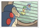  border chikorita closed_eyes cyndaquil english_commentary fangs grass highres looking_through_window meme no_humans open_mouth parody pokemon pokemon_(creature) pokemon_legends:_z-a red_eyes spongebob_squarepants_(series) squidward_looking_out_the_window_(meme) starter_pokemon_trio totodile wesatinthecar window 