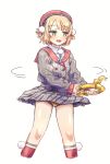  1girl beret blonde_hair blush exercising fuwa_uneuchi green_eyes hair_ornament hat highres indie_virtual_youtuber jitome looking_to_the_side open_mouth panties pantyshot pom_pom_(clothes) pom_pom_hair_ornament red_sailor_collar ring-con ring_fit_adventure sailor_collar shigure_ui_(vtuber) shirt short_hair simple_background skirt solo underwear white_background wind wind_lift yellow_panties 