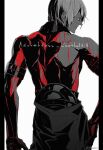  1boy ashwatthama_(fate) blood_on_body character_name fate/grand_order fate_(series) greyscale looking_at_viewer looking_back male_focus monochrome pants pillarboxed sei_8220 short_hair signature simple_background solo spot_color toned toned_male topless_male white_background 