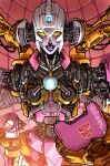  1girl alex_milne arcee autobot disassembly exposed_internal_machinery glowing glowing_eyes helmet highres humanoid_robot insignia machinery metal_skin purple_lips robot robot_girl solo the_transformers_(idw) transformers yellow_eyes 