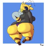  1:1 anthro arthropod bee big_butt blue_background breasts butt clothed clothing female hi_res huge_butt hymenopteran insect looking_back non-mammal_breasts panties plaga quinn_(behniis) simple_background solo thick_thighs underwear yellow_body 