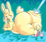 2025 anthro artist_name big_butt black_eyes blonde_hair bored bulluppa butt butt_jiggle clothing cuddles_(htf) digital_media_(artwork) footwear fur hair half-closed_eyes hand_on_face hand_on_own_face happy_tree_friends hi_res jiggling lagomorph leporid long_ears looking_back lying male mammal multicolored_body multicolored_fur narrowed_eyes on_front pie_cut_eyes rabbit rear_view sandals scut_tail shoes short_tail slippers solo tail text thick_thighs three-quarter_view two_tone_body two_tone_fur yellow_body yellow_ears yellow_fur yellow_tail