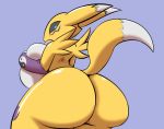  anthro big_breasts big_butt breasts butt digimon digimon_(species) female holding_breast huge_breasts huge_butt looking_back plaga renamon simple_background solo yellow_background 