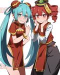  2girls ahoge alternate_costume black_hat black_pants blue_eyes blue_hair blush bright_pupils china_dress chinese_clothes dress earrings feet_out_of_frame flat_chest grin hair_between_eyes hat hatsune_miku highres index_finger_raised jewelry kasane_teto multiple_girls nameko_uu odochina_(vocaloid) ofuda ofuda_on_head pants red_dress red_eyes short_sleeves simple_background smile standing twintails utau vocaloid white_background white_pupils 